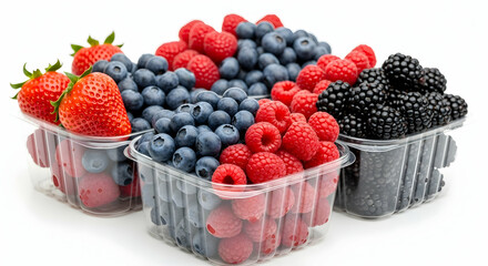 Fresh Assortment Of Colorful Berries In Transparent Plastic Containers Isolated