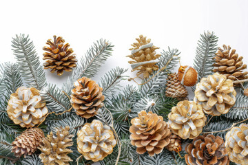 Fototapeta premium Festive Christmas arrangement with evergreen branches, gold ornaments, and pinecones on a white background, perfect for holiday decorations.