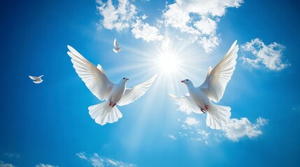 Obraz premium Majestic White Doves Flying Under Bright Sunlight With Blue Sky