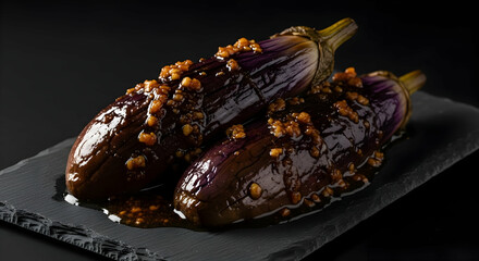 Glazed Eggplant With Topping On Dark Plate Minimalist Dark Background