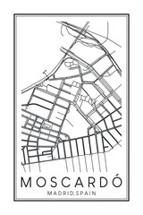 Hand drawn printable downtown road map poster of borough MOSCARDÓ of the Spanish city of MADRID on solid white background with city name