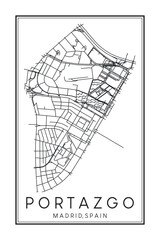 Hand drawn printable downtown road map poster of borough PORTAZGO of the Spanish city of MADRID on solid white background with city name