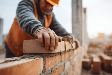Construction worker laying bricks to build a wall, focusing on craftsmanship and manual labor skills.