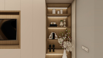 Close up of contemporary TV panel niche with wooden accents and profile light