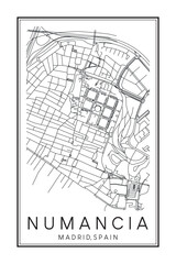 Hand drawn printable downtown road map poster of borough NUMANCIA of the Spanish city of MADRID on solid white background with city name