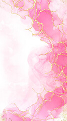 Pink alcohol ink mixed with glitter gold pattern elegant abstract ink flow art with translucent background.