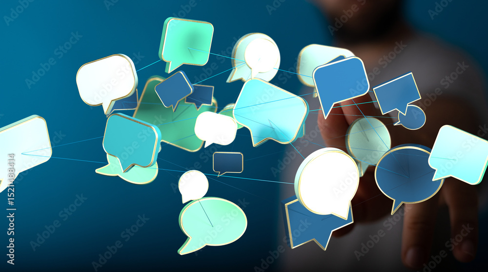 Poster abstract image of interconnected speech bubbles, symbolizing global communication and networking.