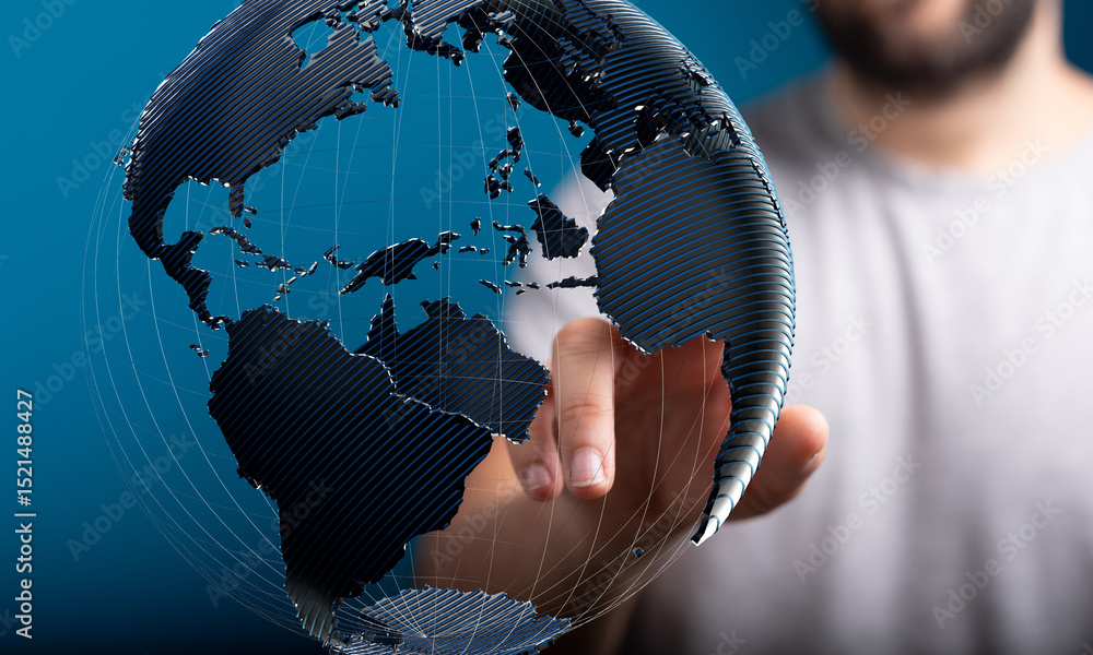 Fototapete high-quality stock photo of a hand interacting with a digital 3d model of planet earth, symbolizing 