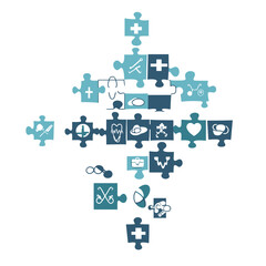Naklejka premium Teal Jigsaw Puzzle Pieces Forming Medical Symbol with a White Background Graphic Design Depicting Collaboration for Healthcare Solutions and Diagnostic Conceptual Icons
