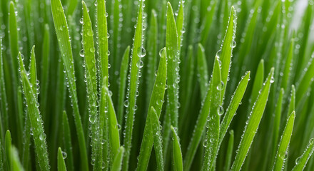 Fototapeta premium Fresh Dew Drops Adorning Blades of Green Grass Close Up