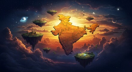Map Floating in Fantasy Landscape with Islands and Sunset Sky