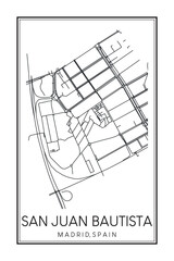 Hand drawn printable downtown road map poster of borough SAN JUAN BAUTISTA of the Spanish city of MADRID on solid white background with city name