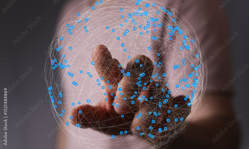 Fototapete Abstract image of a hand interacting with a digital global network, representing connection and technology.
