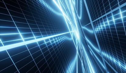 Abstract background, laser lights, grid lines, technology, neon colors, 3D illustration.