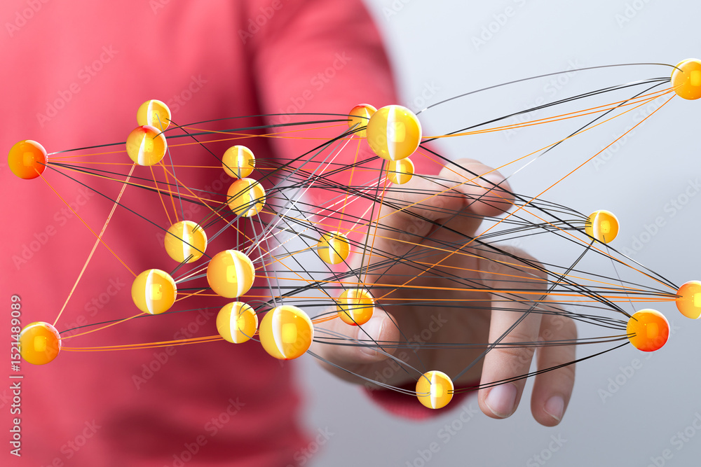 Fototapete Abstract image of a hand interacting with a complex network of interconnected nodes, representing global communication or data flow.