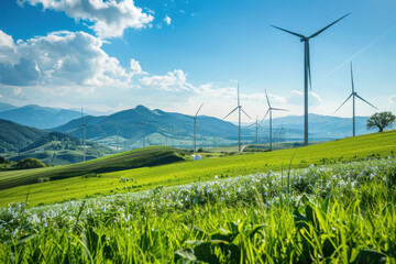 Fototapeta premium Wind turbines generating renewable energy on a coastal landscape with mountains in the background under a blue sky.