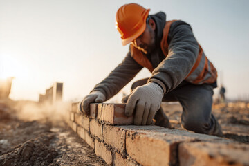 Construction worker laying bricks with precision and safety gear on site with a beautiful sky backdrop.