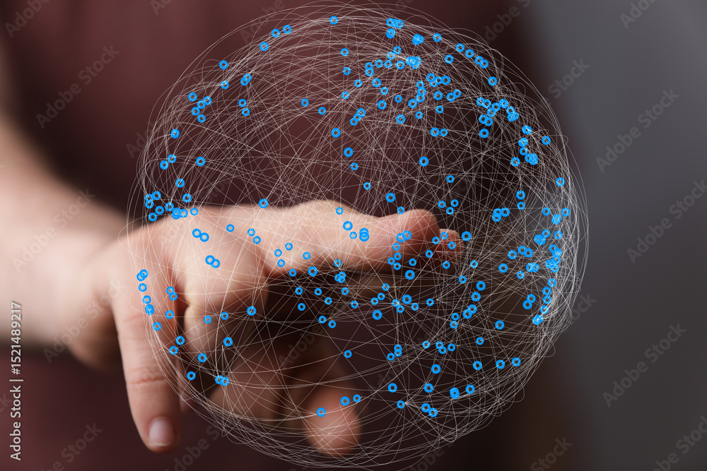 Poster Abstract image of a hand interacting with a digital sphere, representing global connectivity and networking.