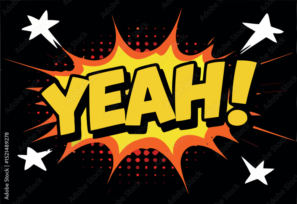 Poster vibrant comic style yeah expression with dynamic explosion background for pop art designs vector ill