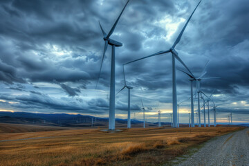 Obraz premium Wind turbines generating renewable energy on a coastal landscape with mountains in the background under a blue sky.