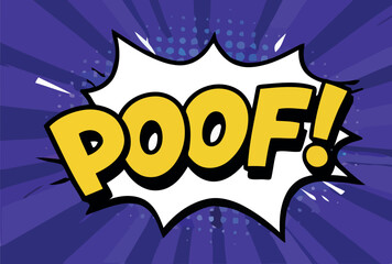 Comic style poof text on purple burst background for pop art design vector illustration