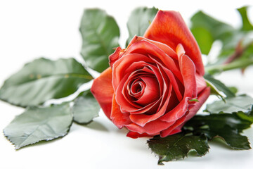 Fototapeta premium A close-up of a vibrant pink rose with lush green leaves against a soft white background, symbolizing elegance.