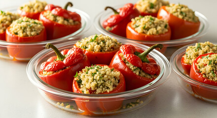 Bright Red Stuffed Peppers With Quinoa In Glass Bowls On White Surface