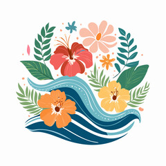 Contemporary Floral Vector Art Elements Featuring Wavy and Groovy Naive Style, Inspired by Ocean and Vacation Themes, Hand-Drawn Floral Botanical Design Templates.
