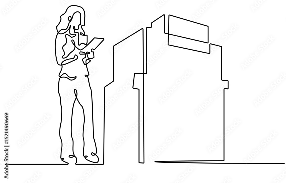 Poster continuous one line drawing it engineer and server. engineer services network equipment. computer te