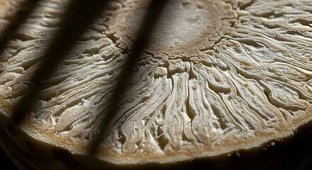 Intricate Mushroom Gills Revealing Delicate Textures And Shadows In Macro Detail