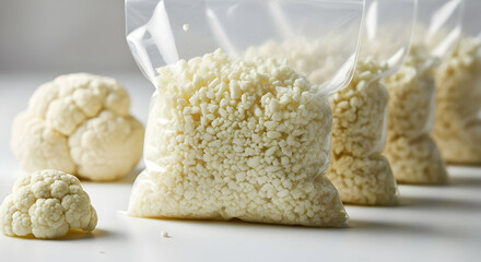 Cauliflower Rice In Storage Bags Ready For Cooking Process On White Table
