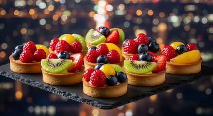 Exquisite Assortment Of Mini Fruit Tarts Over Sparkling City View Night