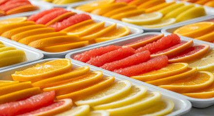 Vibrant Citrus Array Sliced And Arranged In Trays For Refreshing Consumption