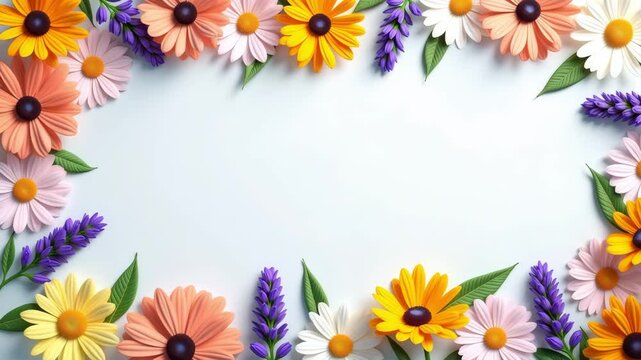Looping floral frame animation with colorful daisies and lavender on white background, perfect for seasonal greetings, quotes, or wellness branding with copy space