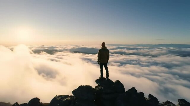 Aerial drone footage flying over a hiker standing on a high mountain peak during sunrise, clouds rolling below, cinematic scope, epic atmosphere, ultra-realistic texture, 4K