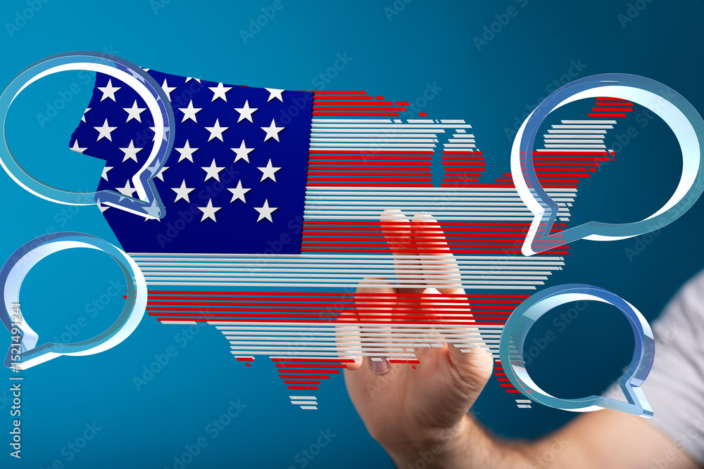Poster hand interacting with a digital us map and speech bubbles. concept of communication, technology, and