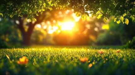 Obraz premium Golden sunlight filters through leaves onto lush green grass