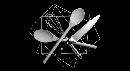 Minimalist Still Life Of Kitchen Utensils Arranged Geometrically On Dark Backdrop