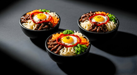 Delicious Korean Bibimbap Bowls with Fried Egg And Colorful Vegetables