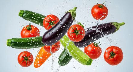 Fresh Vegetables With Water Splashes In Dynamic Motion On Bright Backdrop