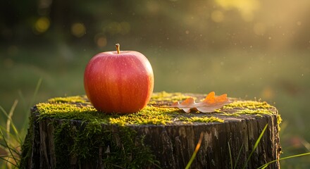 Red Apple Resting on Mossy Tree Stump in Forest Sunlight