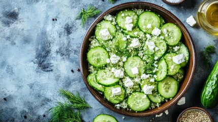Cucumber salad with feta, quinoa, and dill in a rustic bowl. Light, fresh, and summery — tossed with olive oil and served on a textured gray-blue background.