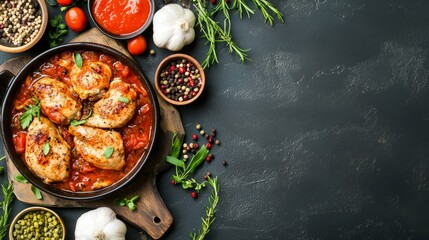 Chicken in tomato sauce.
Juicy chicken breasts in a skillet, simmered in rich tomato sauce with garlic, herbs, and spices. 