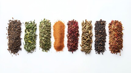 Assorted spices on a black background. Colorful rows of peppercorns, chili, cumin, and cardamom create a vibrant mix of textures, aromas, and global flavor.