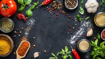 A vibrant flat lay of cooking spices and fresh herbs on a dark rustic surface. Rich colors and aromas create an inspiring scene for gourmet food lovers.