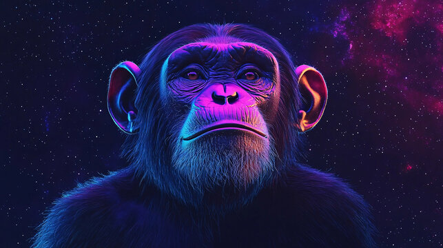 A striking digital artwork showcasing a chimpanzee with a neon glow against a starry galaxy.