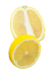 Front view of ripe yellow lemon fruit in slices in circle and oval shape in stack isolated on white...