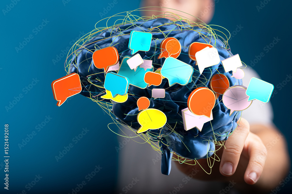 Aufkleber Conceptual image of a brain with speech bubbles, representing communication, ideas, and thought processes.
