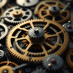 A detailed, close-up view of intricate mechanical gears, showcasing the complex inner workings of a mechanism like a clock or watch.

