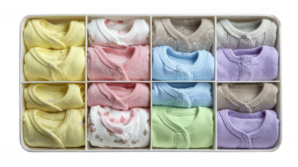 Top view of a white organizer showcasing folded pastel colored baby onesies, meticulously arranged and ready for use, on a transparent background